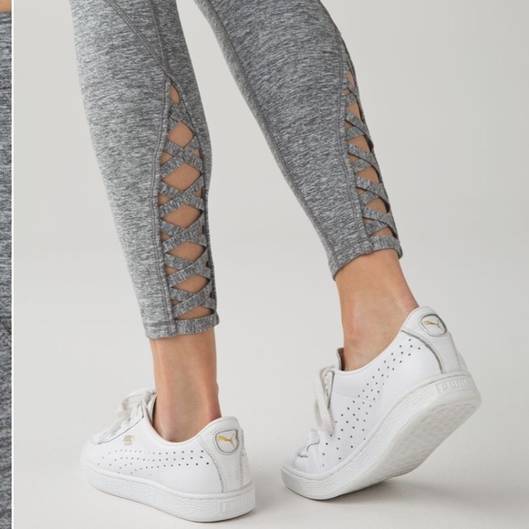 Lululemon Pure Practice Pant Heathered Slate Gray Leggings Lattice Trim EUC - Picture 4 of 8